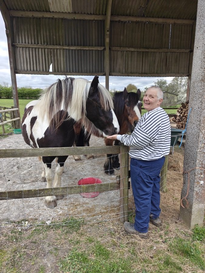 Michelle in a striped top stroking two horses in a barn at Wye